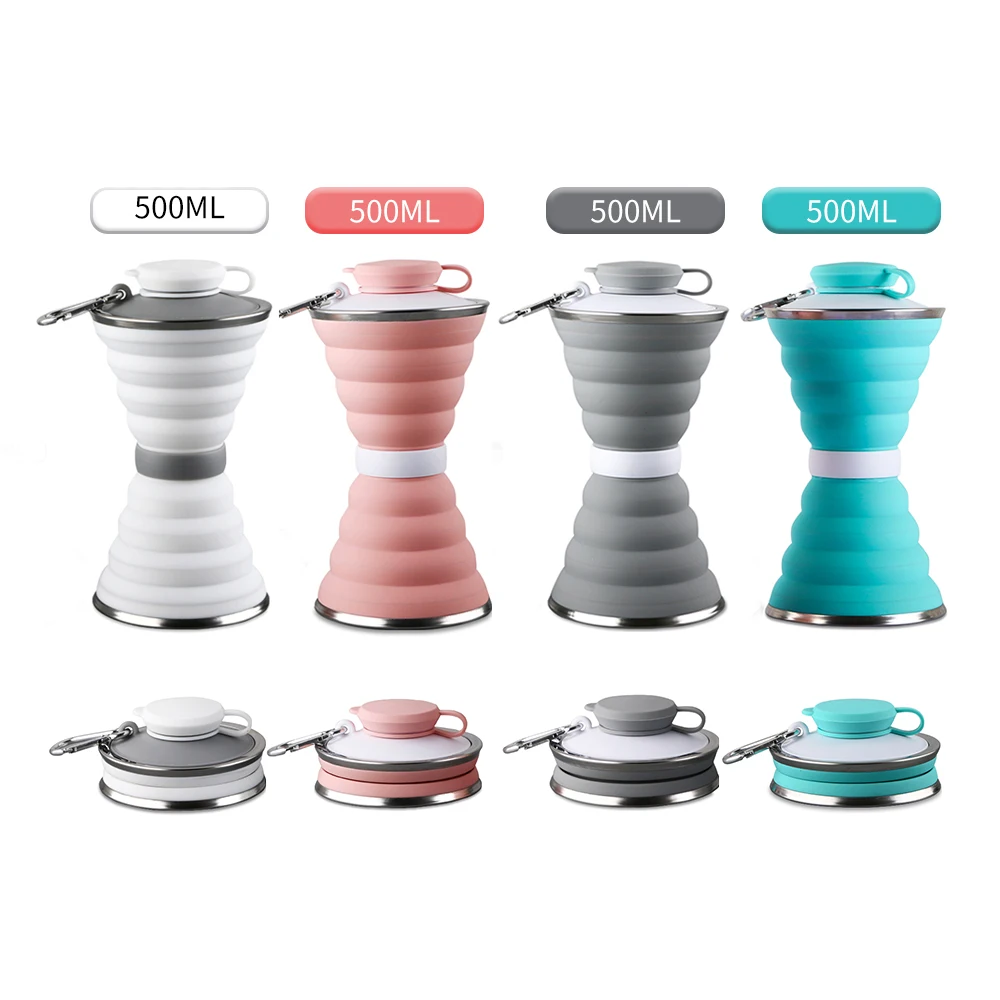 Empty Healthy Collapsible Portable Handle Silicone Foldable Compressible Squeeze Water Bottle