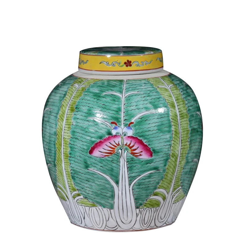 Antique Porcelain Storage Container Jar Chinese Hand Painted Cabbage Ceramic Jar  for Home Decoration