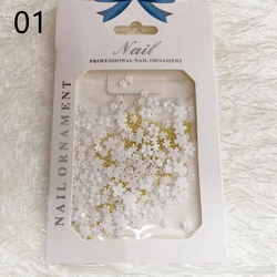 Mixed White Petals Gold Beads Nail Charms Decoration Nail Art Accessary Rhinestone