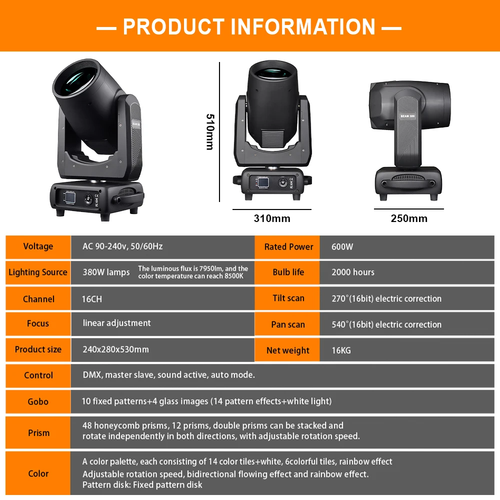 Fy Professional 380W Stage Lighting Sharpy Beam Moving Head Equipment for Stage Lighting Rental