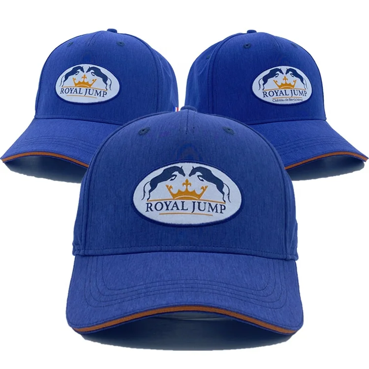Promotional Custom Logo Patch Flag Embroidery Contrasting Color Sandwich Curved Visor Buckle at Back Blue Cotton Sports Cap
