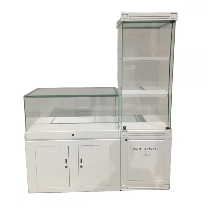 Изготовленный на заказ современный магазин МДФ Деревянная Башня часы стеклянная витрина со светодиодной подсветкой