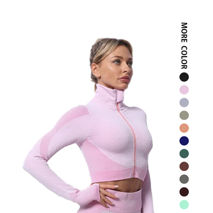 Женский бесшовный укороченный топ с длинными рукавами из нейлона и спандекса на молнии для занятий спортом йогой