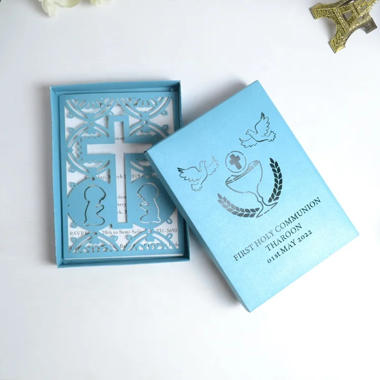 Custom baptism box laser cut cross first holy communion invitation