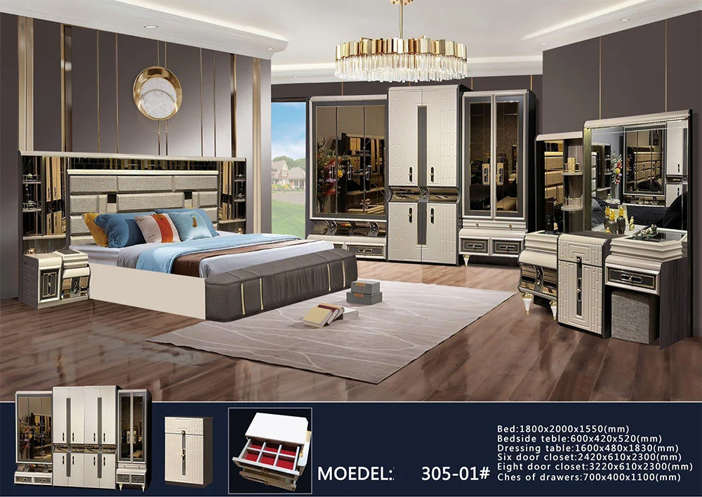 New Modern Wooden King Size Double Leather Bed Room Set  Luxury  6 Doors Large Wardrobe  Mdf Panel Full Furniture Bedroom Set