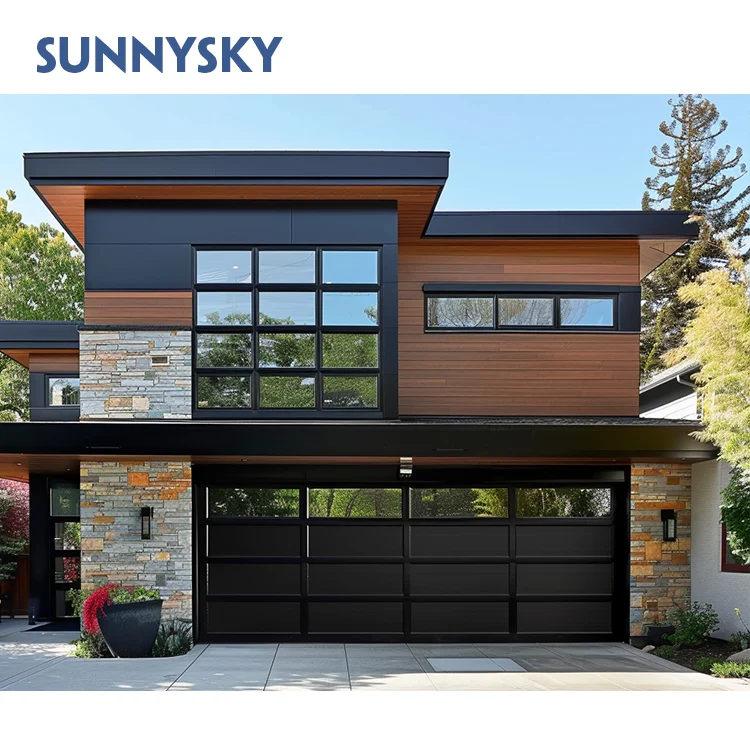 Sunnysky dcustom glass Garage Door Aluminum Tempered Glass With Insulation Laminated Black Frosted Hurricane Proof