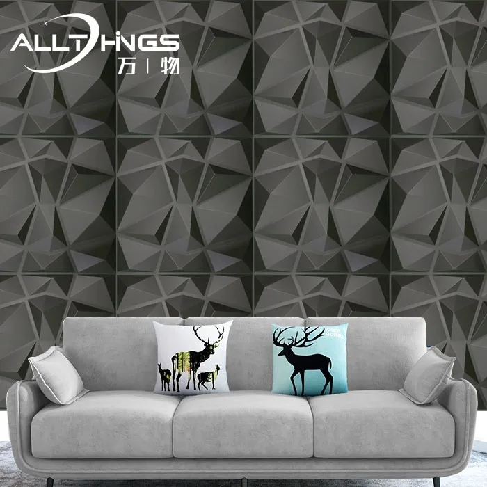 Matt Black Diamond Shape Modern 3D PVC Wall Panel/Sticker Interior Waterproof wallpaper for Living Room Bedroom