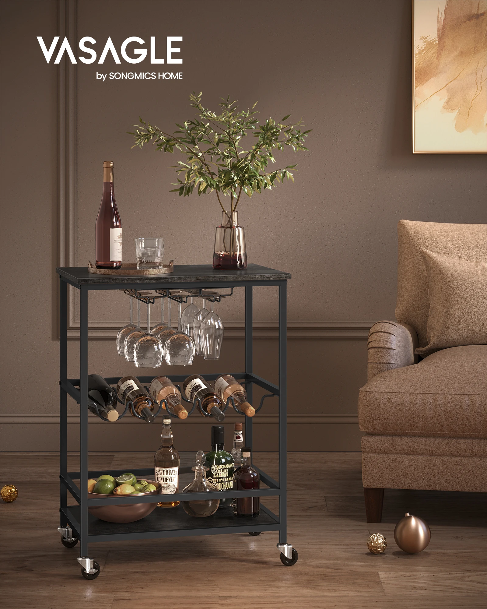 VASAGLE Mobile Microwave Cart on Wheels 3-Tier Rolling Wine Carts with Wine Rack and Glass Hold Bar Carts for Home