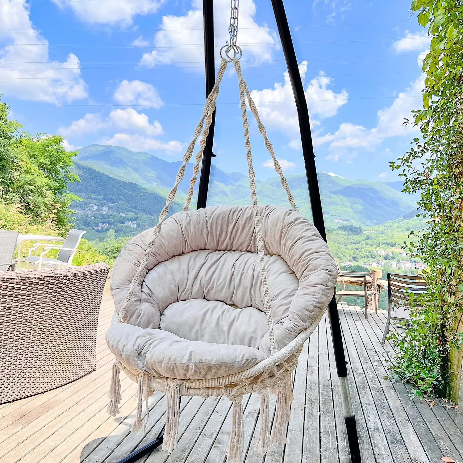 Hammock Chair with Cushion, Handmade Macrame Swing Chair with Hanging Hardware Kits, Bohemian Style Cotton Rope,
