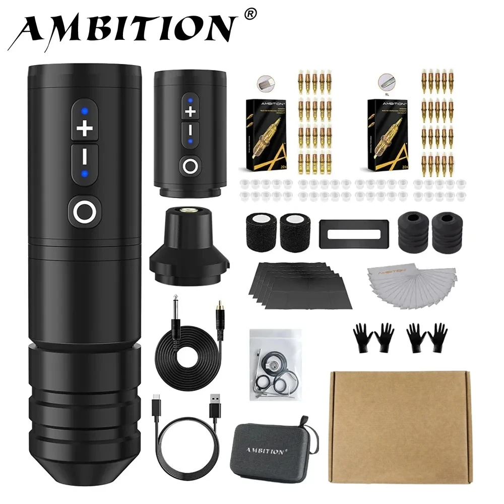 Ambition Ninja Pro 2400mAh Battery Professional Wireless Rotary Tattoo Pen Machine Complete Full Set Kit for Body Art