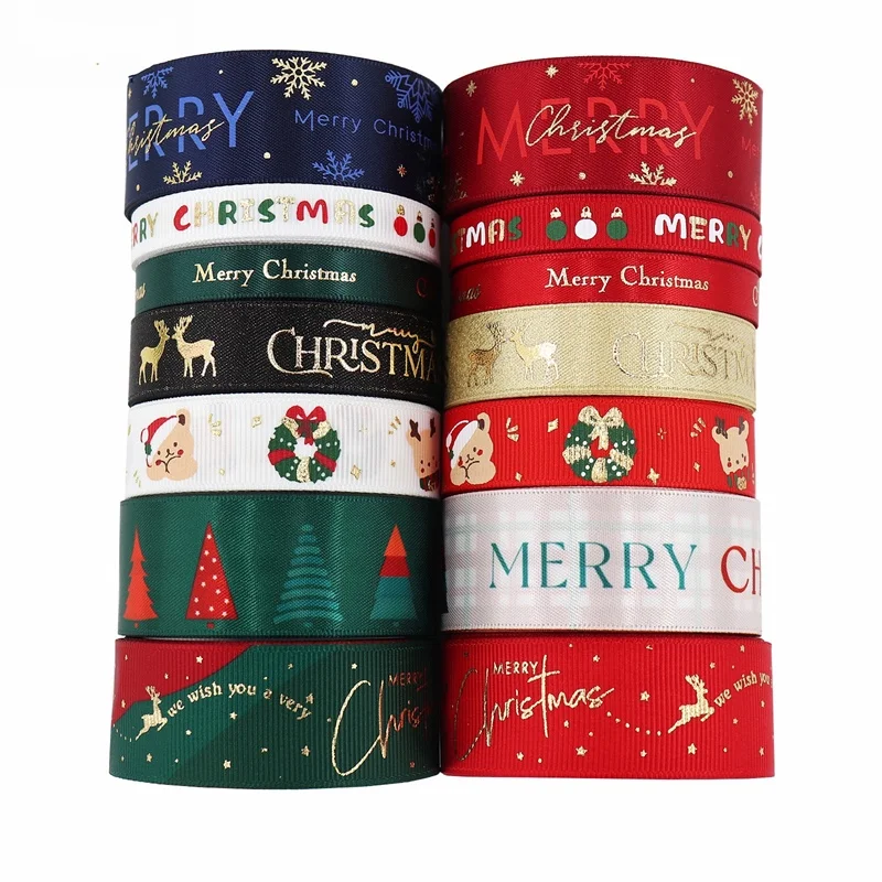 Wholesale Christmas Ribbon for christmas tree grosgrain Satin ribbon Red Gold Elk Printed Webbing DIY for packaging Xmas Box