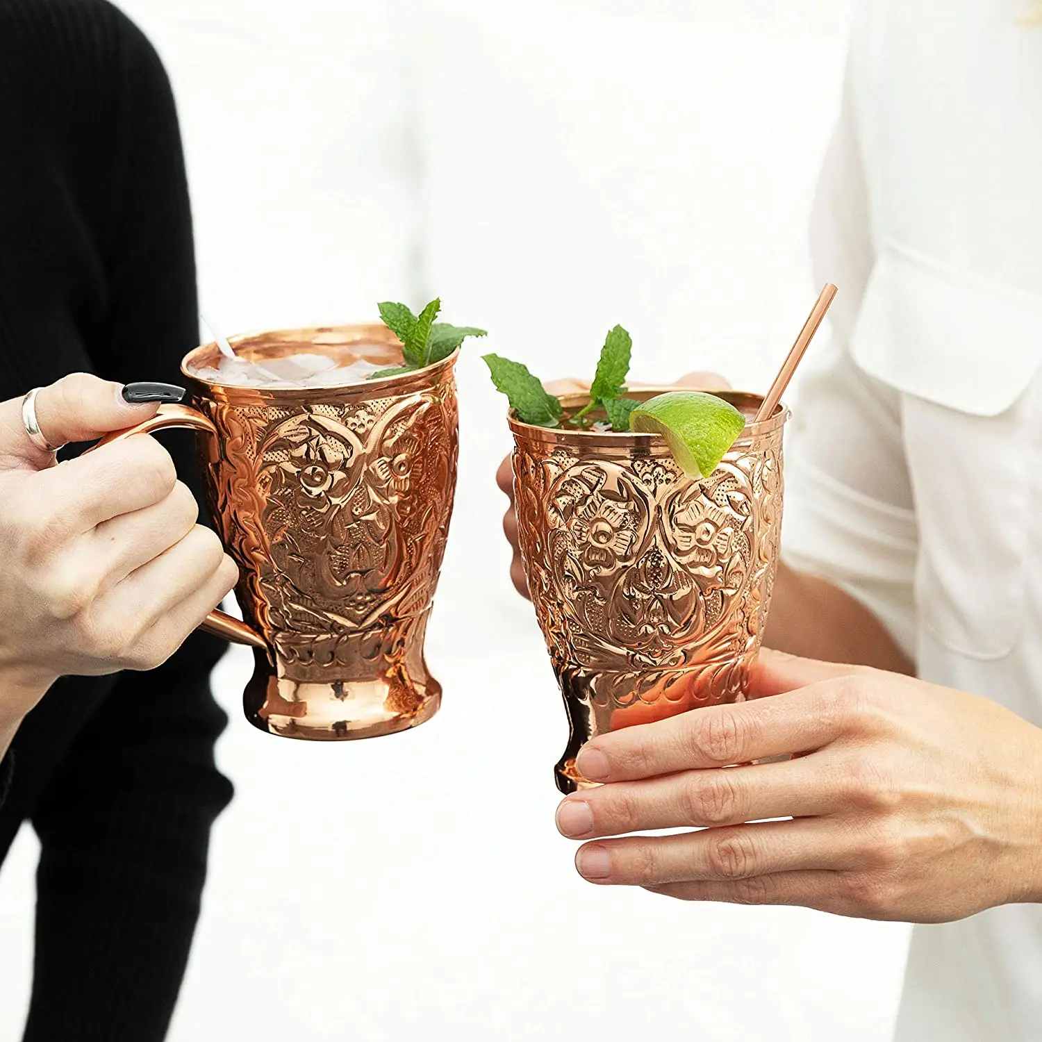 Moscow Mule Copper Mugs Handmade Embossed Set of 2 Pure Copper Cups 2 Straws Stir Sticks 20 Recipe E-book Wing Shung Exclusive