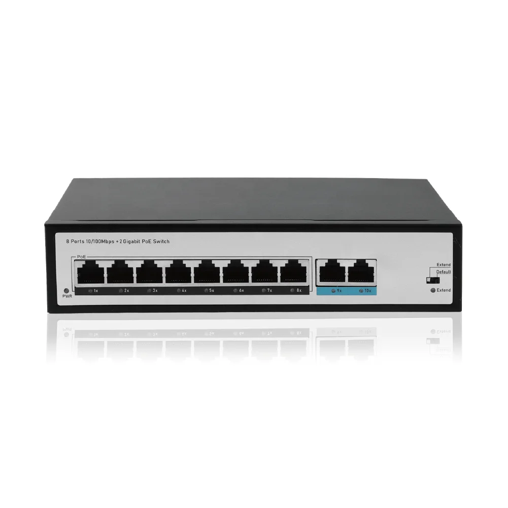 8 100Mbps +2 Gigabit Desktop OEM Ethernet Switch AI Port Automatic Restart Power Supply Adapter 250m Distance Output PoE Sw