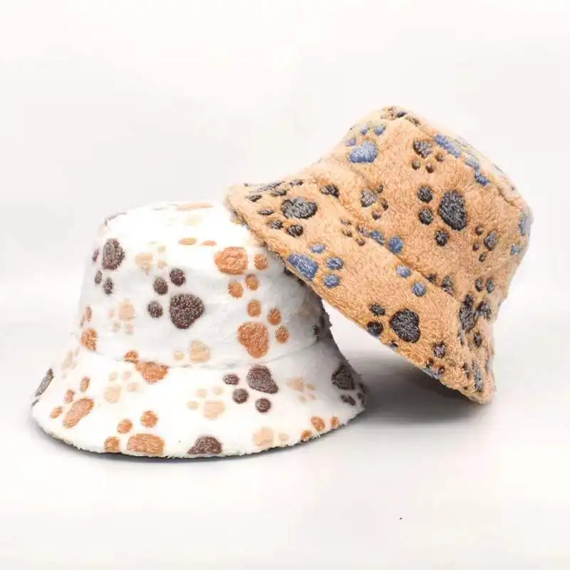 Wholesale Custom Colorful Leopard Printed Pattern Design Winter Thick Furry Plush Fisherman Bucket Hat Caps For Kids Children