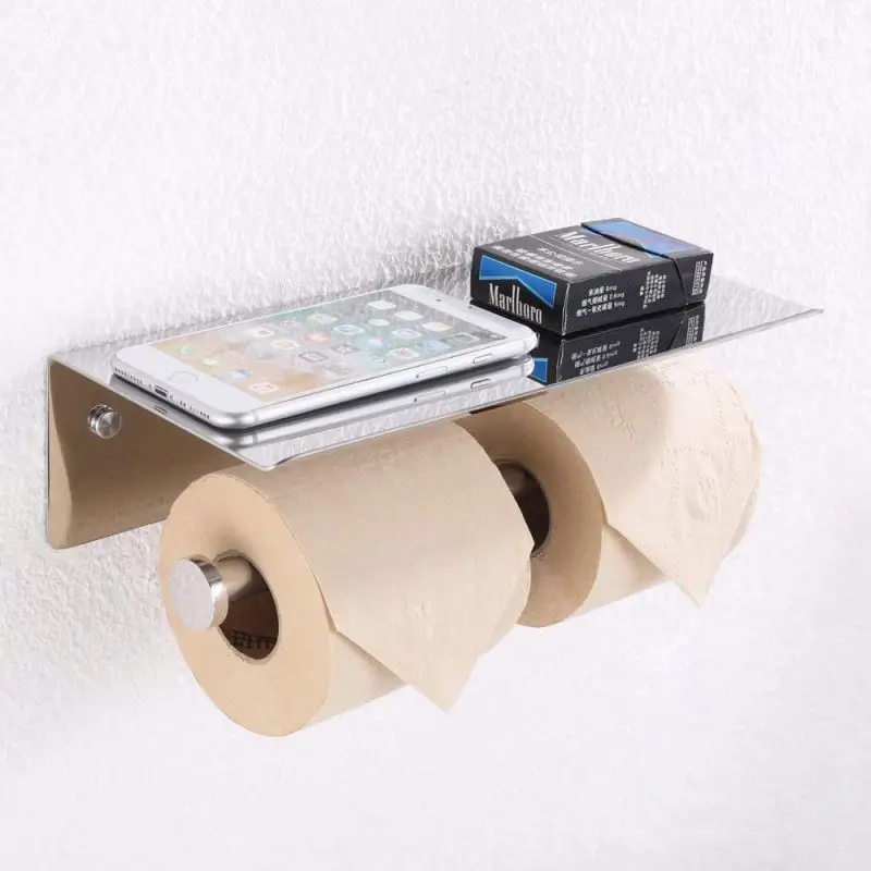 Double Toilet Paper Holder with Shelf Polished Chrome SUS304 Stainless Steel Contemporary Bathroom Tissue Roll Holder Cell Phone