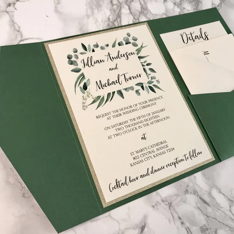 Eucalyptus and Forest Green Pocket Wedding Invitations