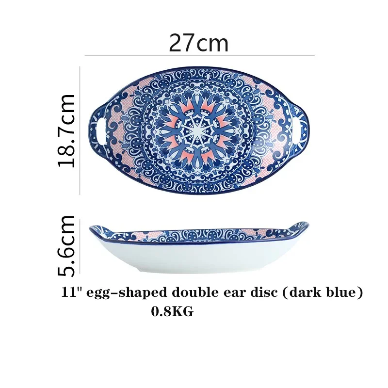 Hand-painted Underglaze Double-eared Egg-shaped Disc Dish Baking Dish Custom Printed Salad Ceramic Porcelain Breakfast Plate