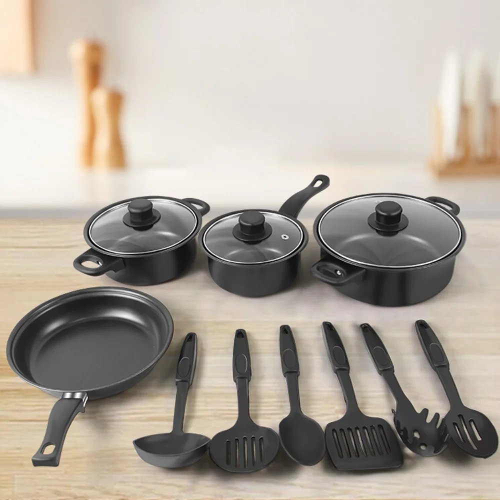 FACTORY wholesale 13 Pieces Black Cast Iron Kitchen Utensils Cooking Tools Non Stick Cookware Set With Pots And Pans Set And lid