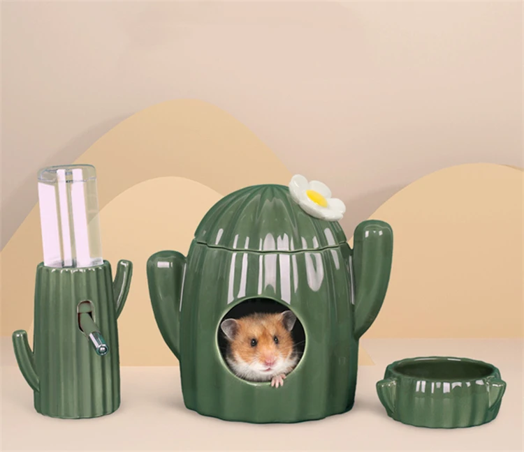 Small Pet Product Set Hamster Water Feeder Ceramic Nest Pet Bowl Cactus Pet House Suit