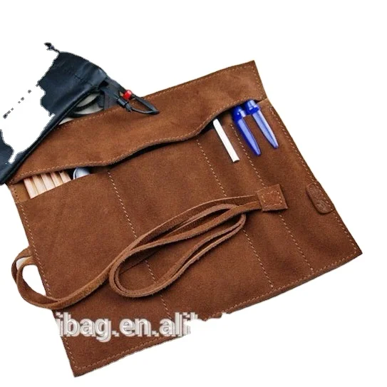soft brown suede  leather roll up  pencil case