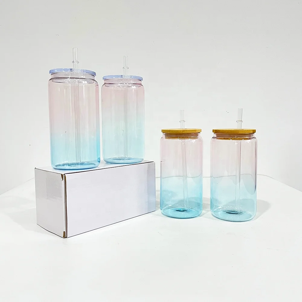 wholesale bulk 16oz ombre jelly crystal ocean glass can for UV DTF wraps 16oz glass mason jar