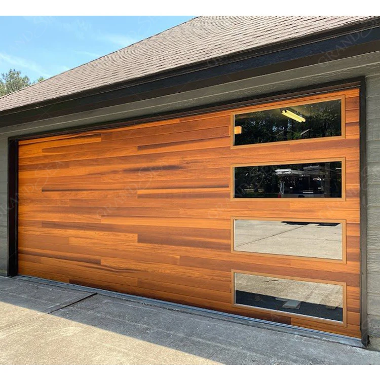 Modern Sectional Insulated Panel Anti Rust Aluminium Wooden Grain Automatic Steel Garage Door With 4 windows