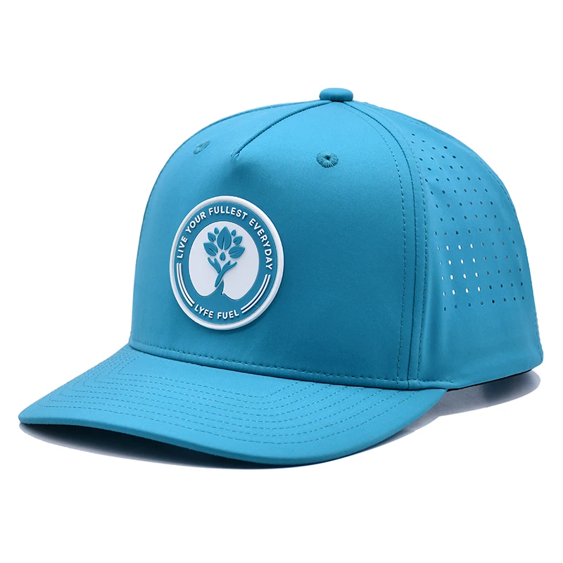 Custom 5 Panel Structured Blue Golf Dad Hat Polyester Sport Laser Cut Gorras, Wholesale Waterproof PVC Patch Logo Baseball Cap