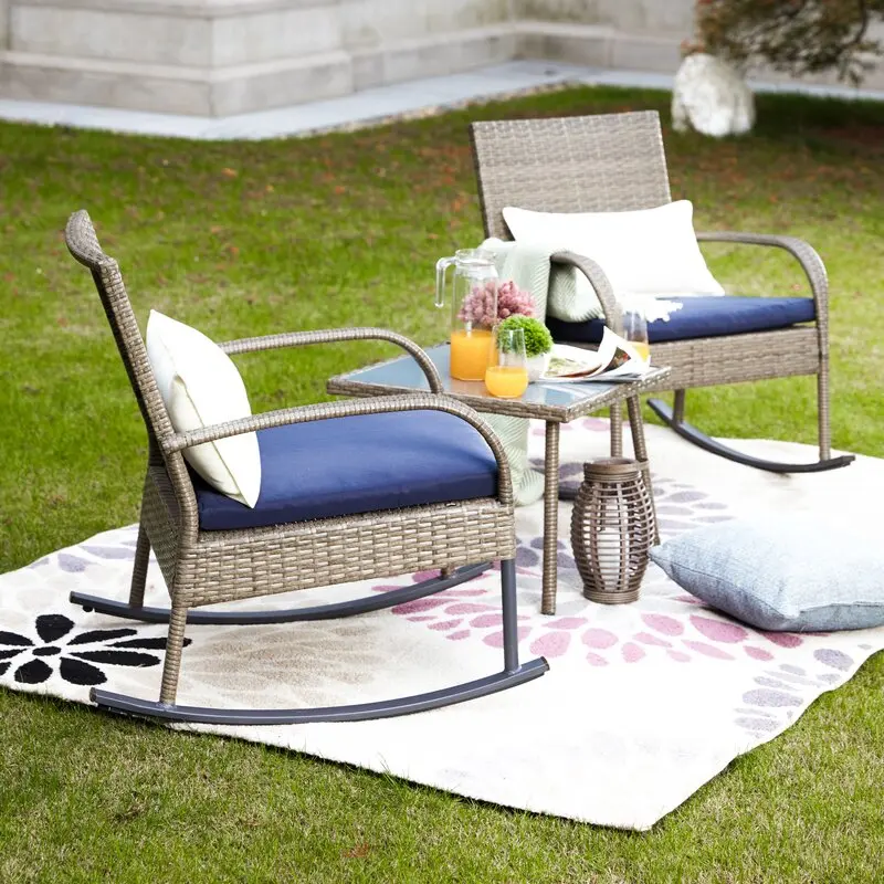 
3 piece outdoor bistro set, rocking chair, outdoor wicker rattan furniture garden sofa chair set with cushion. 