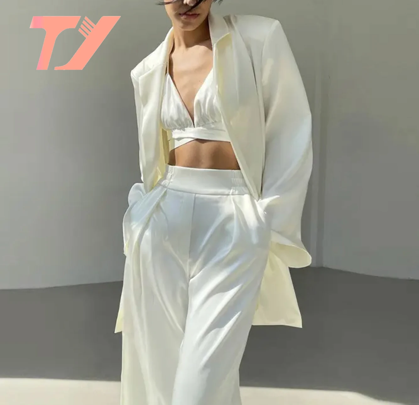 TUOYI Autumn Streetwear Female 3 Piece Sets Pink Women Satin Coat Top With Pants Suit Y2k Sexy Three Piece Set