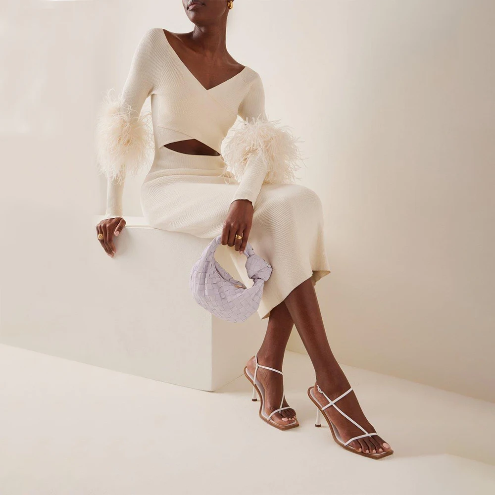 Ostrich Feather trim dress long party white feather Matte Midi stage fur dress cut out feather dress women