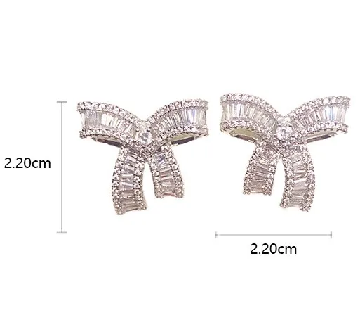 Fashion silver bow knot shining zircon stud earrings
