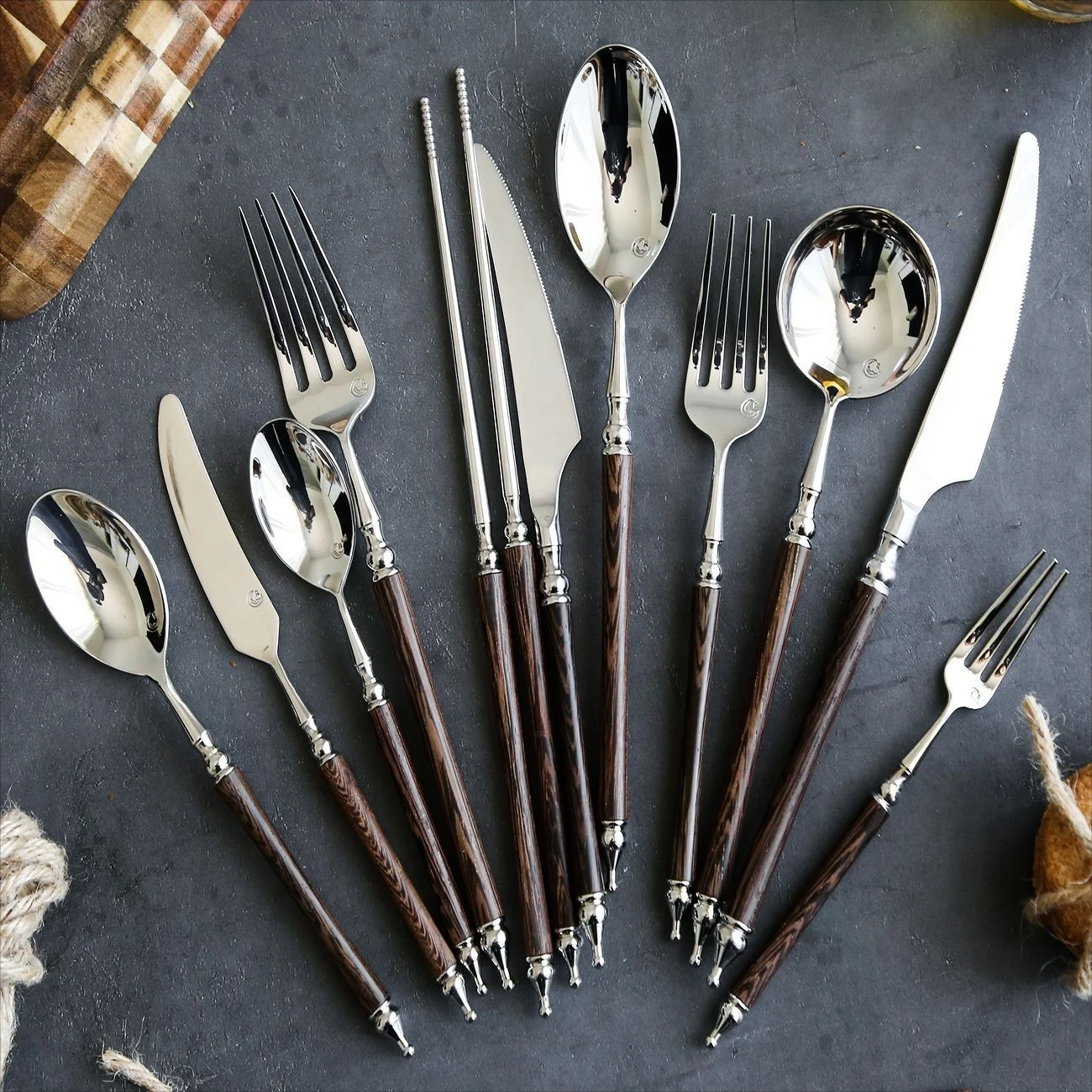 OEM ODM Accepted Knife Fork And Spoon  18/10 Stainless Steel Wooden Cutlery With Black Handle Fancy Style Flatware For Party