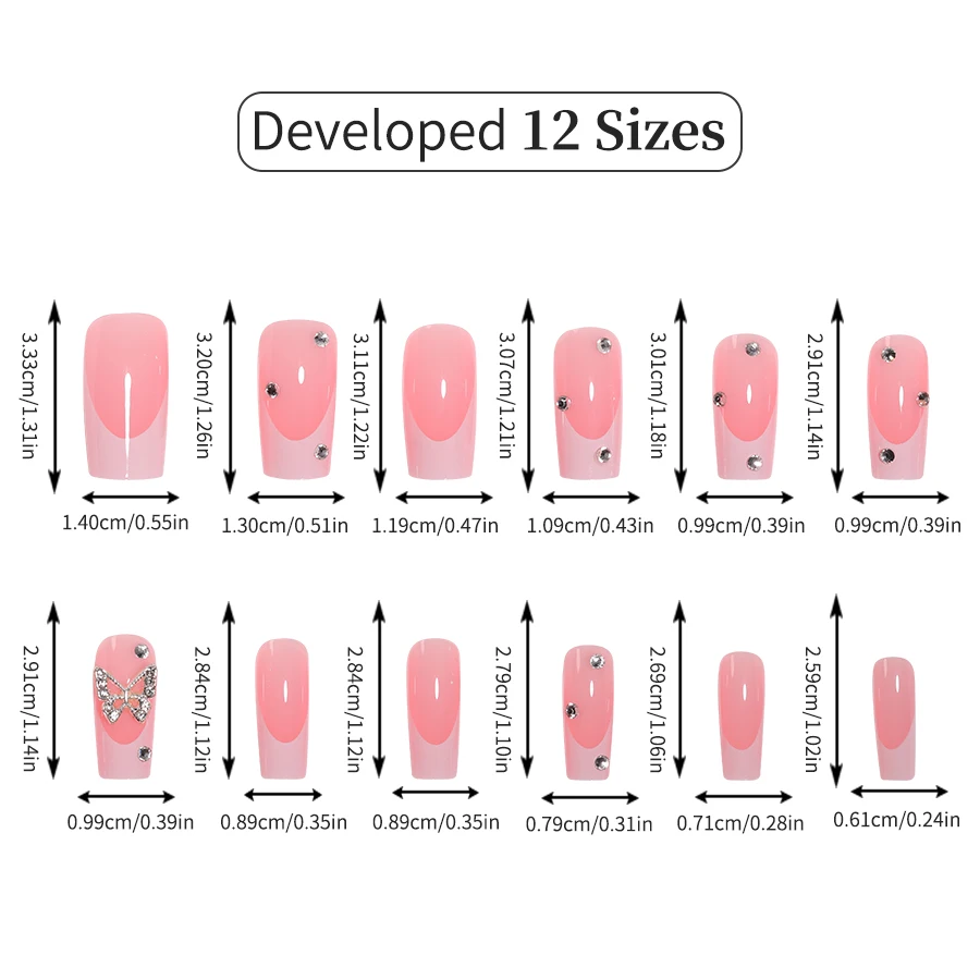 12 Sizes 24pcs Pink Artificial Fingernails French Gel Nails Press on Custom Print Press on Nails