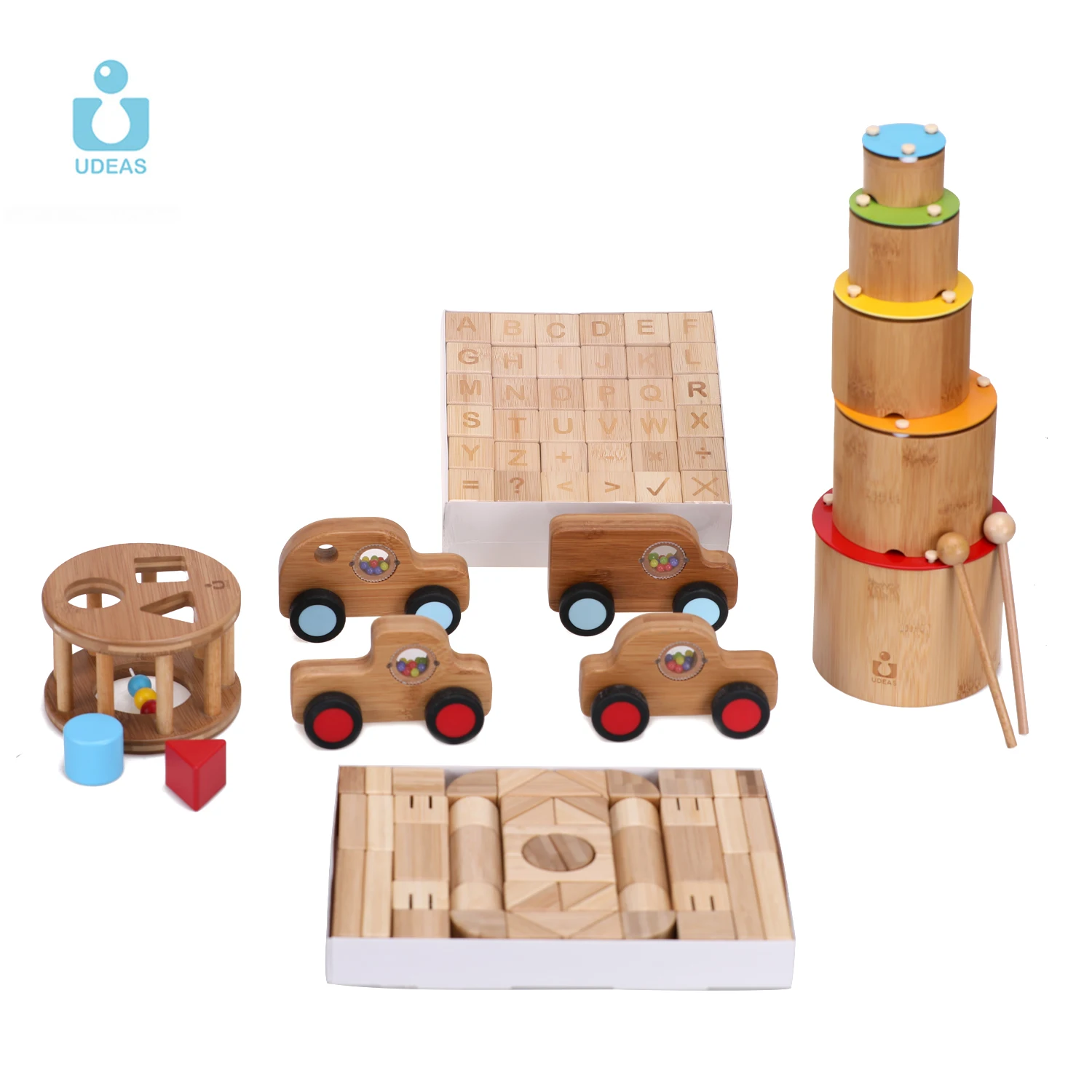 UDEAS Bamboo Set Musical Folding Drum Toy Mini Car Play Early Learning Sorting Set Wooden Montessori Toy