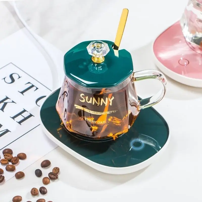 Низкая цена модные алмазные водяные стаканы милые кружки из боросиликатного стекла кофейная кружка с ручкой и крышкой для свадебного подарка