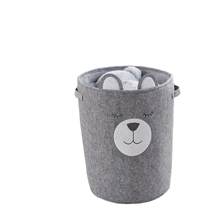 xingma felt animal Home round grey bucket drawstring felt bear laundry baby storage basket foldable