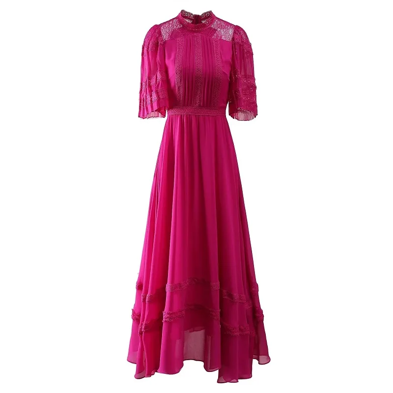 XXL Elegant Party Evening Dress 2024 Summer Style Luxury Ladies Sexy Lace Patchwork Short Sleeve Long Black Pink Maxi Dress Prom