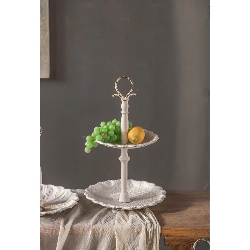 Tea Cake Display Stand Nordic White Serving Plates Fruit Dessert Tray French Style 2 Tier Wrought Iron for Wedding Party Round