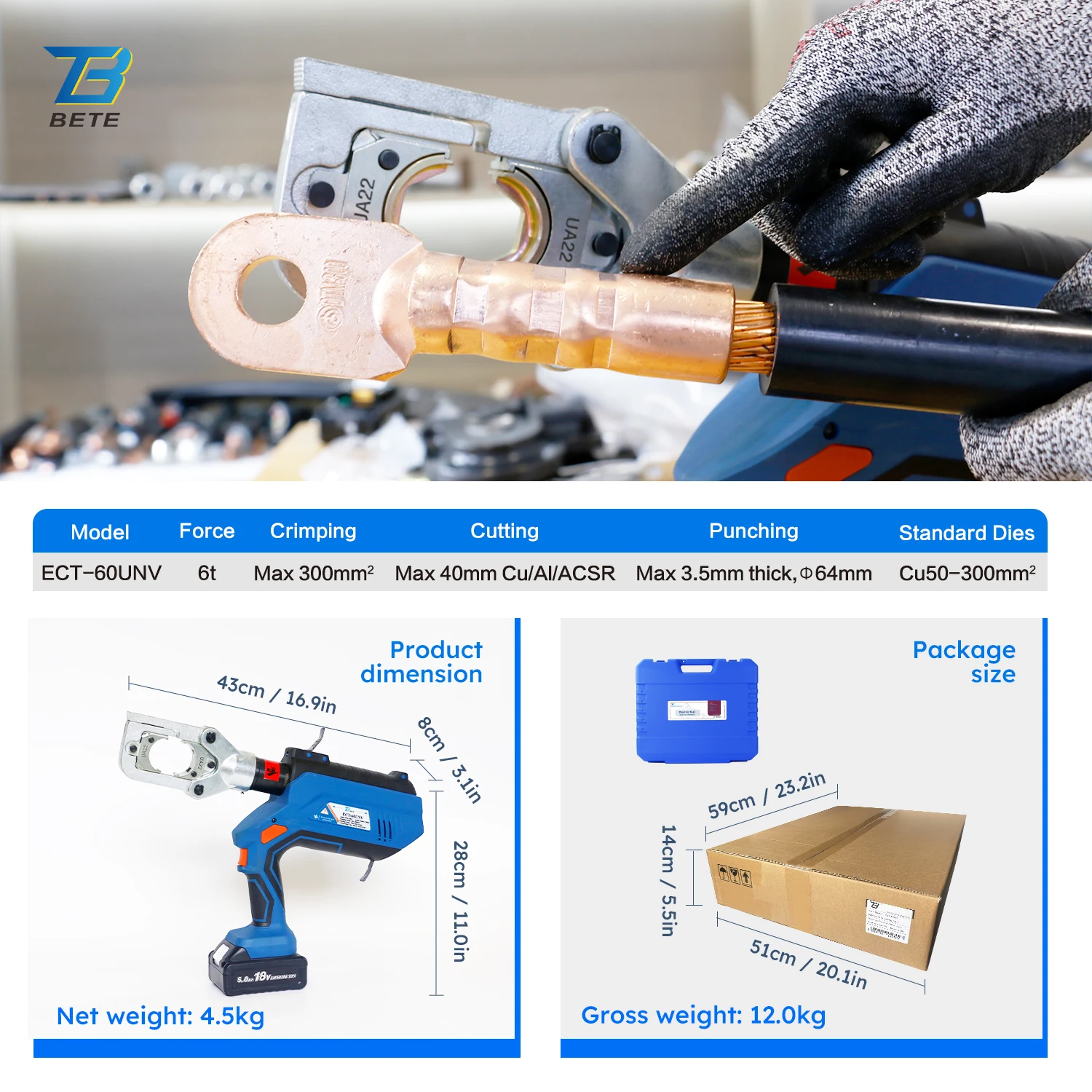 ECT-60UNV Multifunction 360 Degree Rotation 6 Ton Hydraulic Cable Electric Crimping Tool