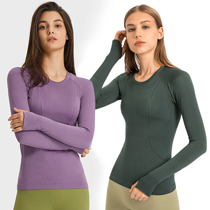 D19083 Women  Autumn Seamless Long Sleeve Running Shirt O-neck Sports T-shirt Workout Yoga Tops Wholesale