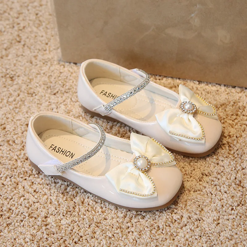 Girls Leather Shoes Spring Autumn Fashion Bow Sequins Pearls Princess Shoes Flat Heel Kids Girls Dancing Shoes