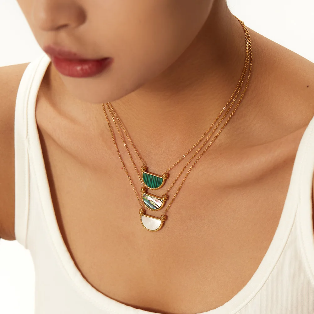 Fashion 18K Stainless Steel Fan Shape Green Malachite Symphony Abalone Basket Natural Shell Pendant Necklace