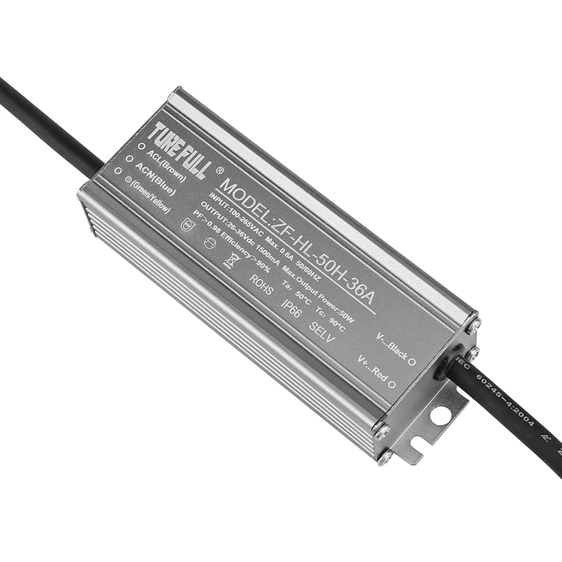 Светодиодный драйвер постоянного тока, выход освещения, водонепроницаемый 50 Вт, 36 В, 110 А, светодиодный привод CE ROHS 1 - 50 Вт, ZF-HLD-50W 220*45*33, полный в