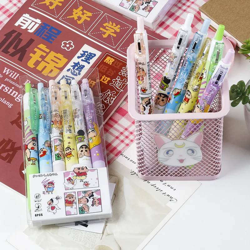 6pcs/box New Arrivals Crayon Shin-chan Press Gel Pen Sets Cartoon Anime Stationery 0.5MM Black Student Use pen