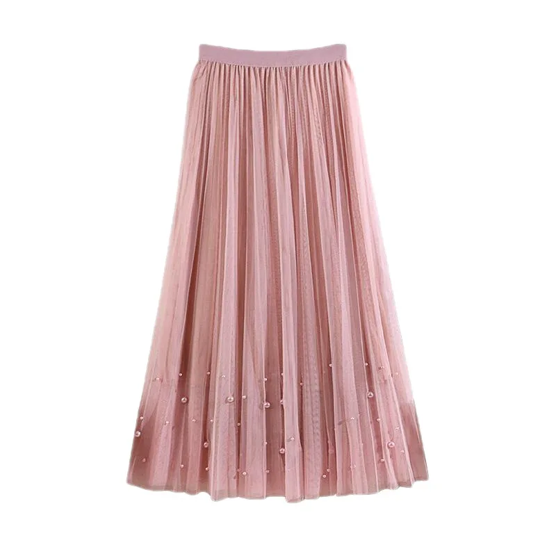 Women Summer Spring Autumn Mesh Tulle Elastic High Waist a Line Long Skirts