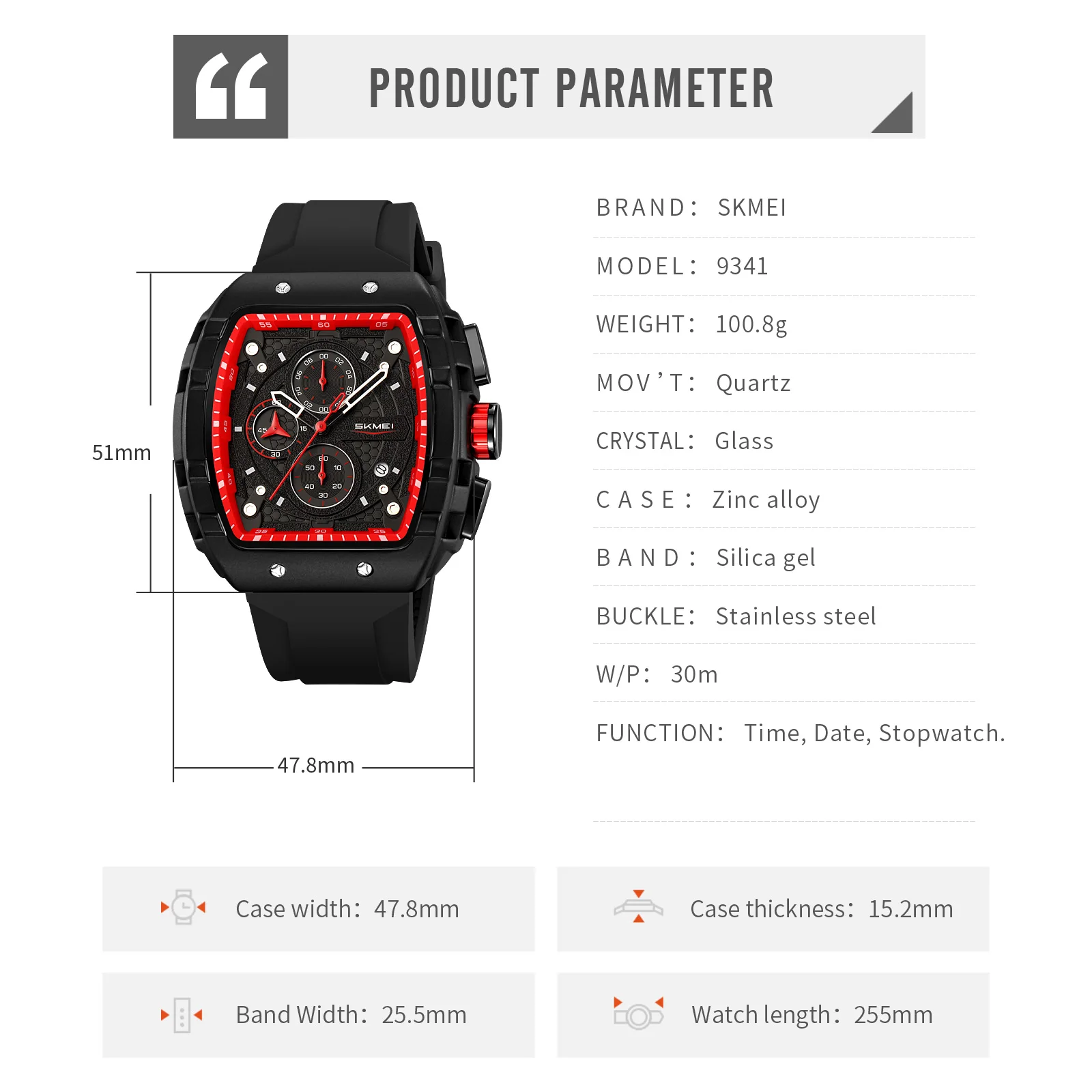 SKMEI 9341 Six-Pin Sports Watch with Large Dial Unique Rectangular Hollow Design Quartz Wristwatches with Chronograph Auto Date