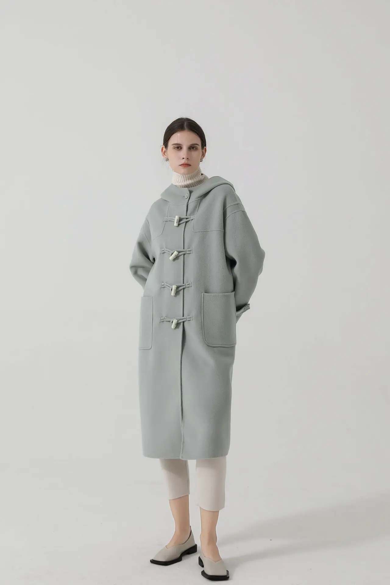 New winter double-sided thickened loose hooded horn buckle extended wool coat for women