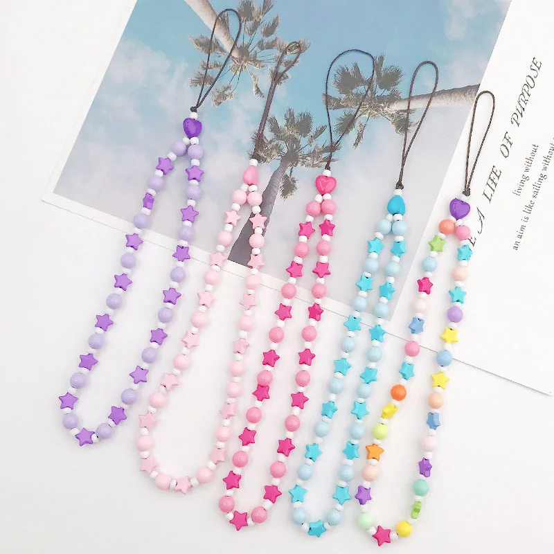 Wholesale Handmade Rainbow Color Smiley Face Fruit Pearl Polymer Clay Beaded Phone Lanyard Wrist Strap Mobile Phone Charm Chain