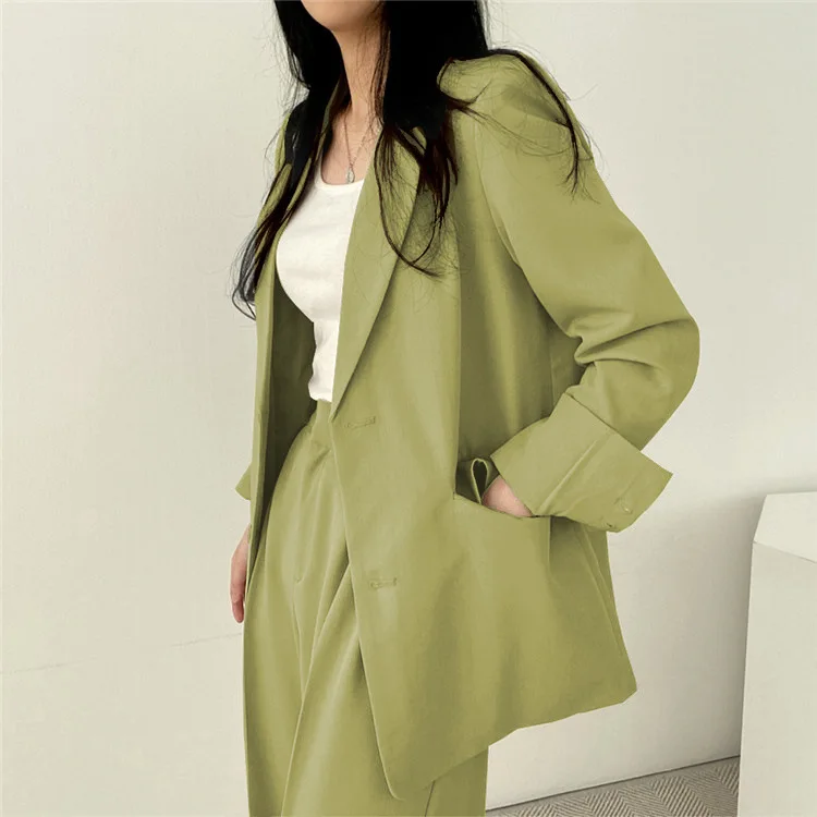 High Quality Women Set Solid Pocketed Lined Coat + Waist Suit Pants Office Lady Formal Two Piece