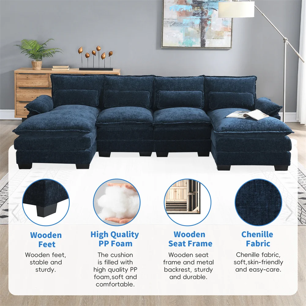 Japanese Dark Blue Sleeper Sofa Couch U-shaped Sectional Sofa with Waist Pillows Double Chaise Lounge for Living Room Apartment
